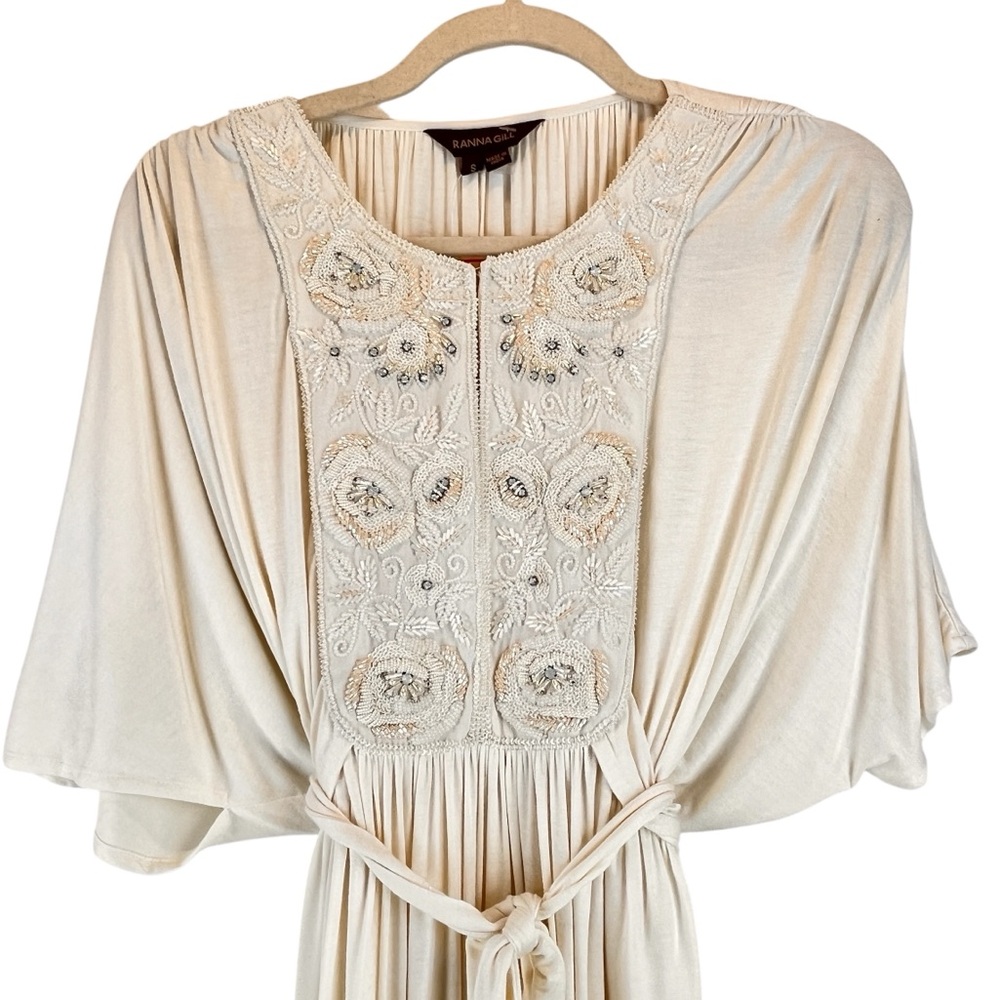 NWOT Anthropologie Ranna Gill Dress Heavily Beaded Bodice Cream Drapey Sz S